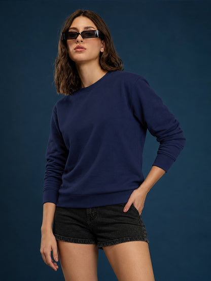 Leotude Women's Solid Navy Blue Round Neck Sweatshirt
