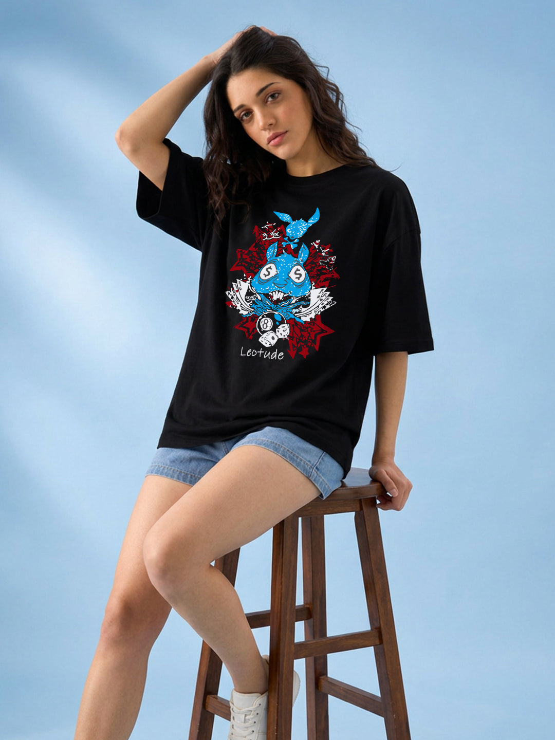 Leotude Black Rabbit Printed Oversized Tshirt for Women