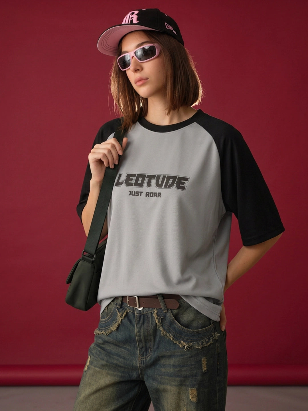 Leotude Women's Grey Just Roar Raglan Oversized T-Shirt
