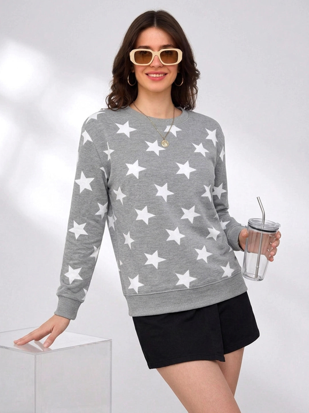 Leotude Women's Grey Melange All-Over Star Printed Sweatshirt