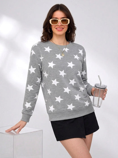 Leotude Women's Grey Melange All-Over Star Printed Sweatshirt
