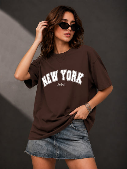 Leotude Brown New York Printed Oversized Tshirt for Women