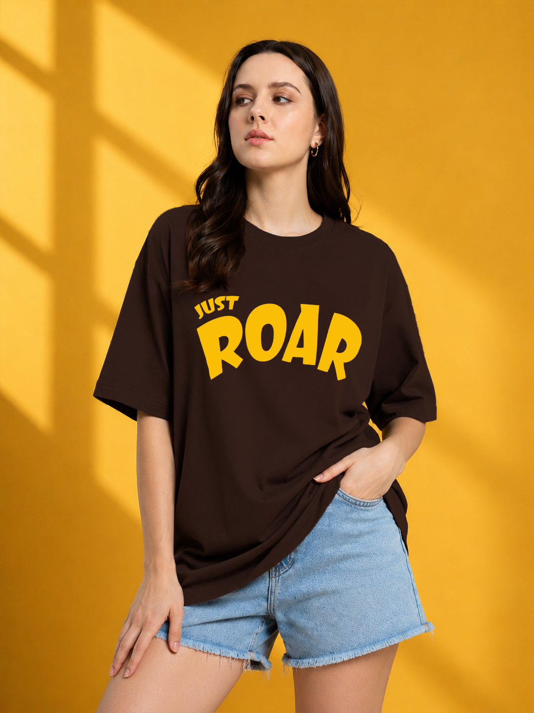 Leotude Brown Just Roar Printed Oversized Tshirt for Women