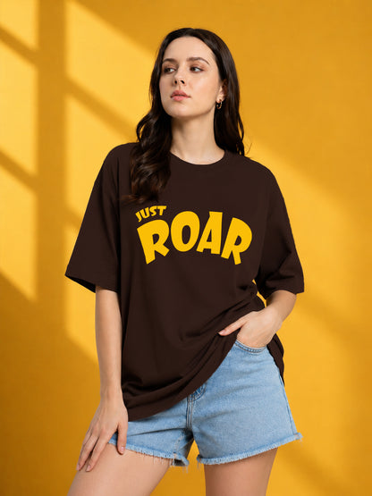 Leotude Brown Just Roar Printed Oversized Tshirt for Women