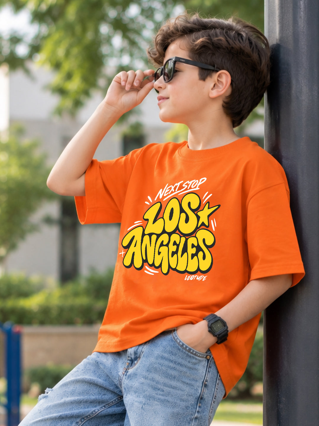 Leotude Boys' Orange Next Stop Los Angeles Printed T-Shirt