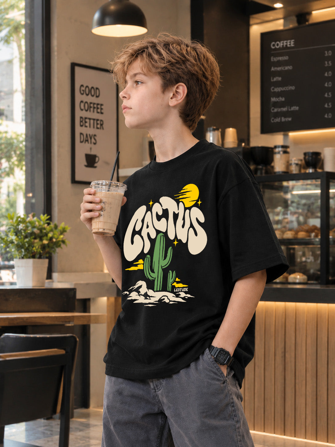 Leotude Boys' Black Cactus Printed T-Shirt