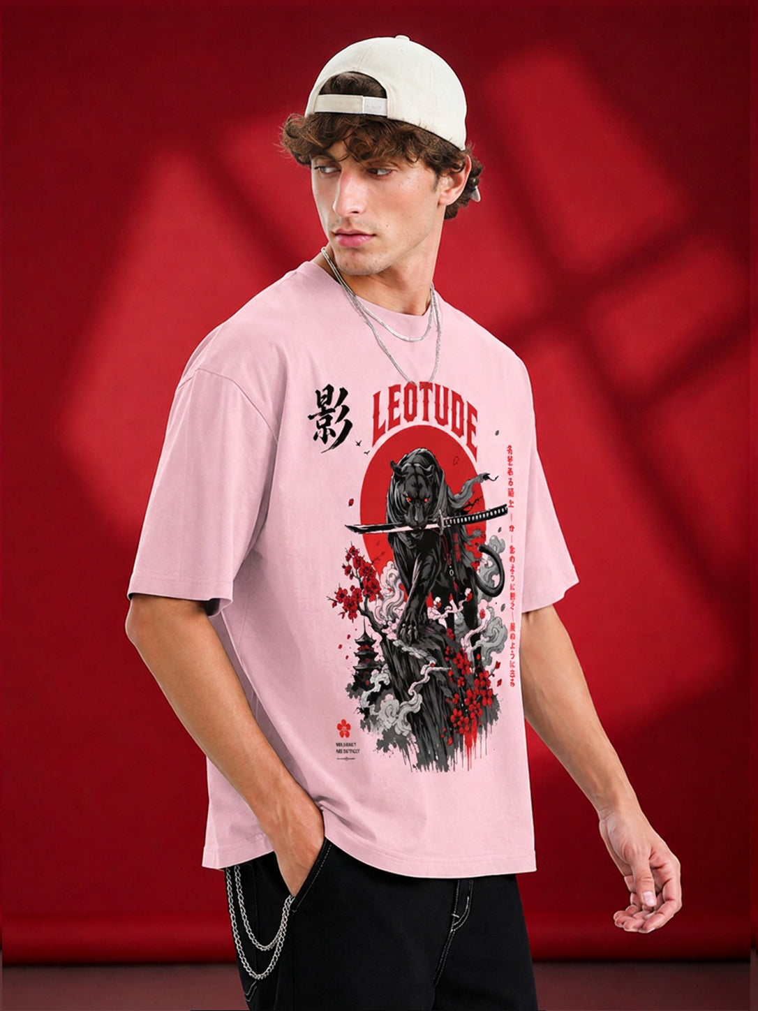 Leotude Men's Samurai Panther Printed T-Shirt — Pink Oversized Graphic Tee