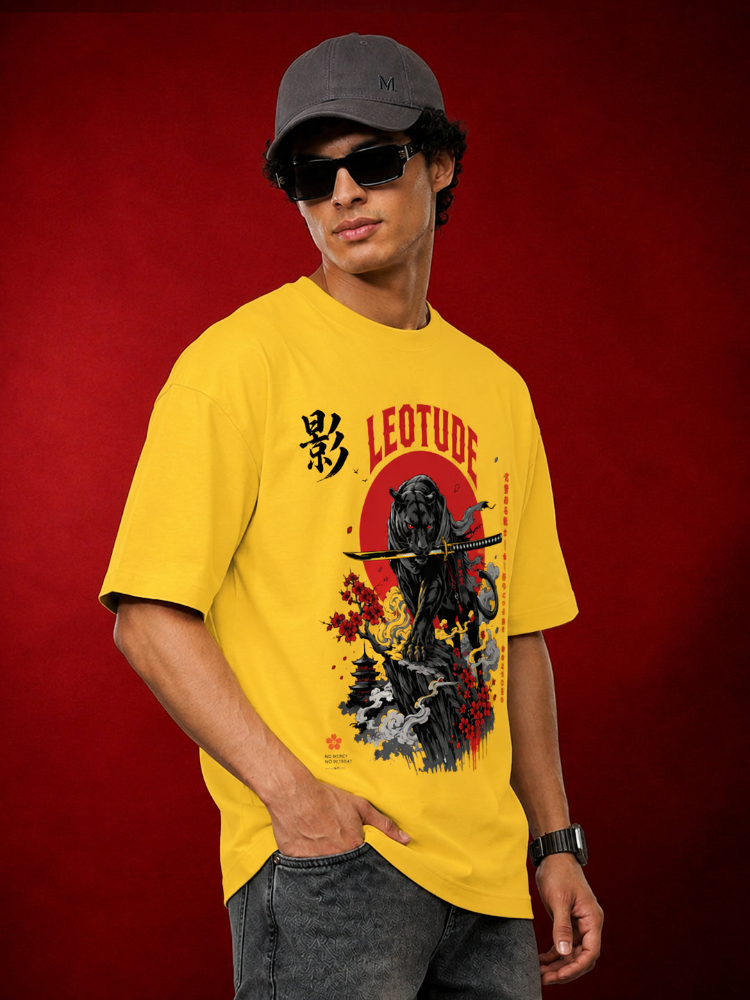 Leotude Men's Samurai Panther Printed T-Shirt — Yellow Oversized Graphic Tee