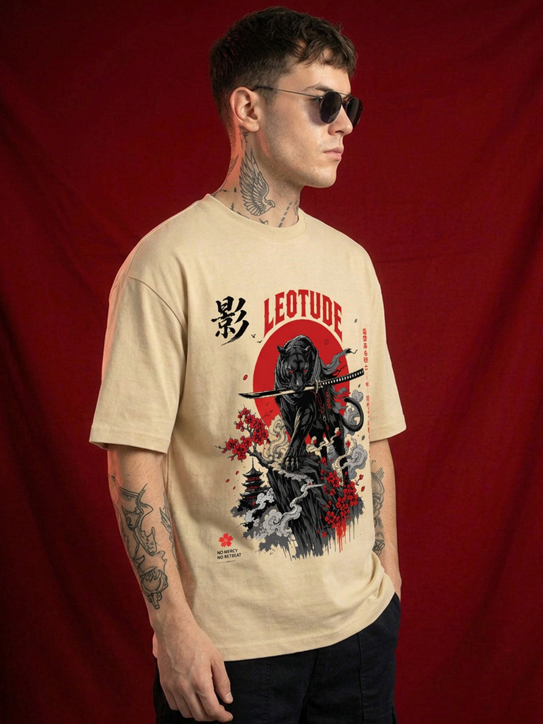 Leotude Men's Samurai Panther Printed T-Shirt — Beige Oversized Graphic Tee