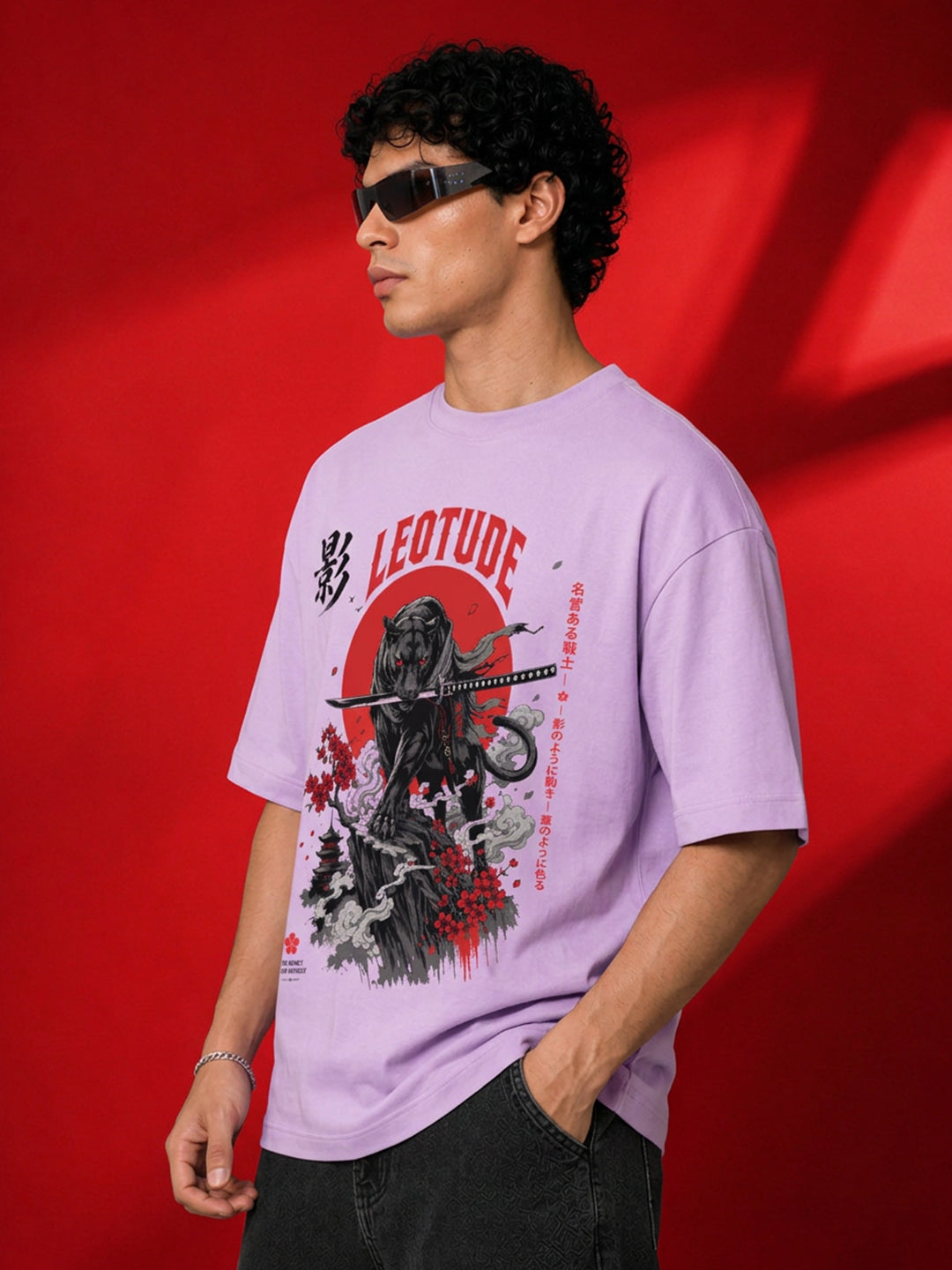 Leotude Men's Samurai Panther Printed T-Shirt — Purple Oversized Graphic Tee