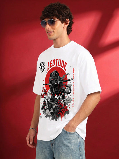 Leotude Men's Samurai Panther Printed T-Shirt — White Oversized Graphic Tee
