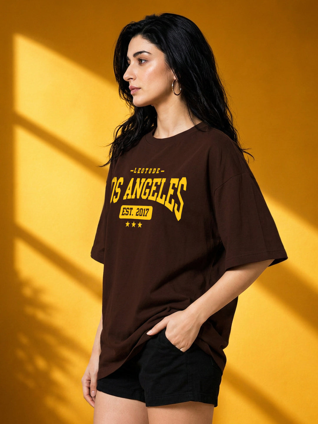 Leotude Brown Los Angeles Printed Oversized Tshirt for Women