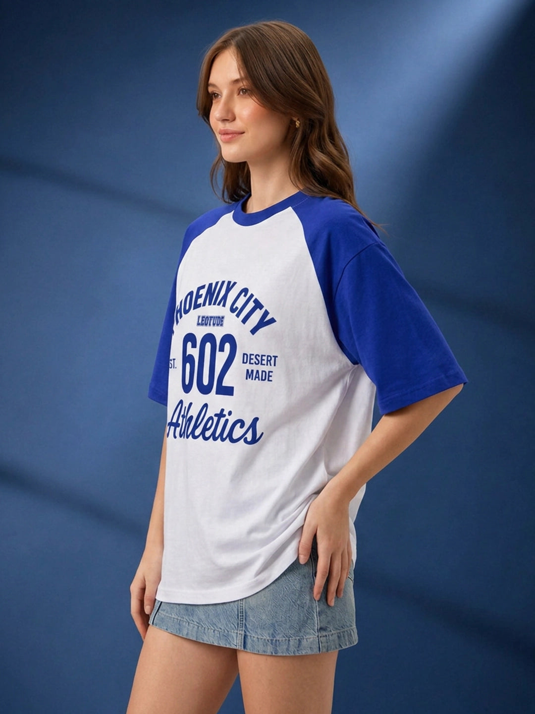 Leotude Women's "Phoenix City" Printed Raglan T-Shirt — White & Blue Oversized Tee