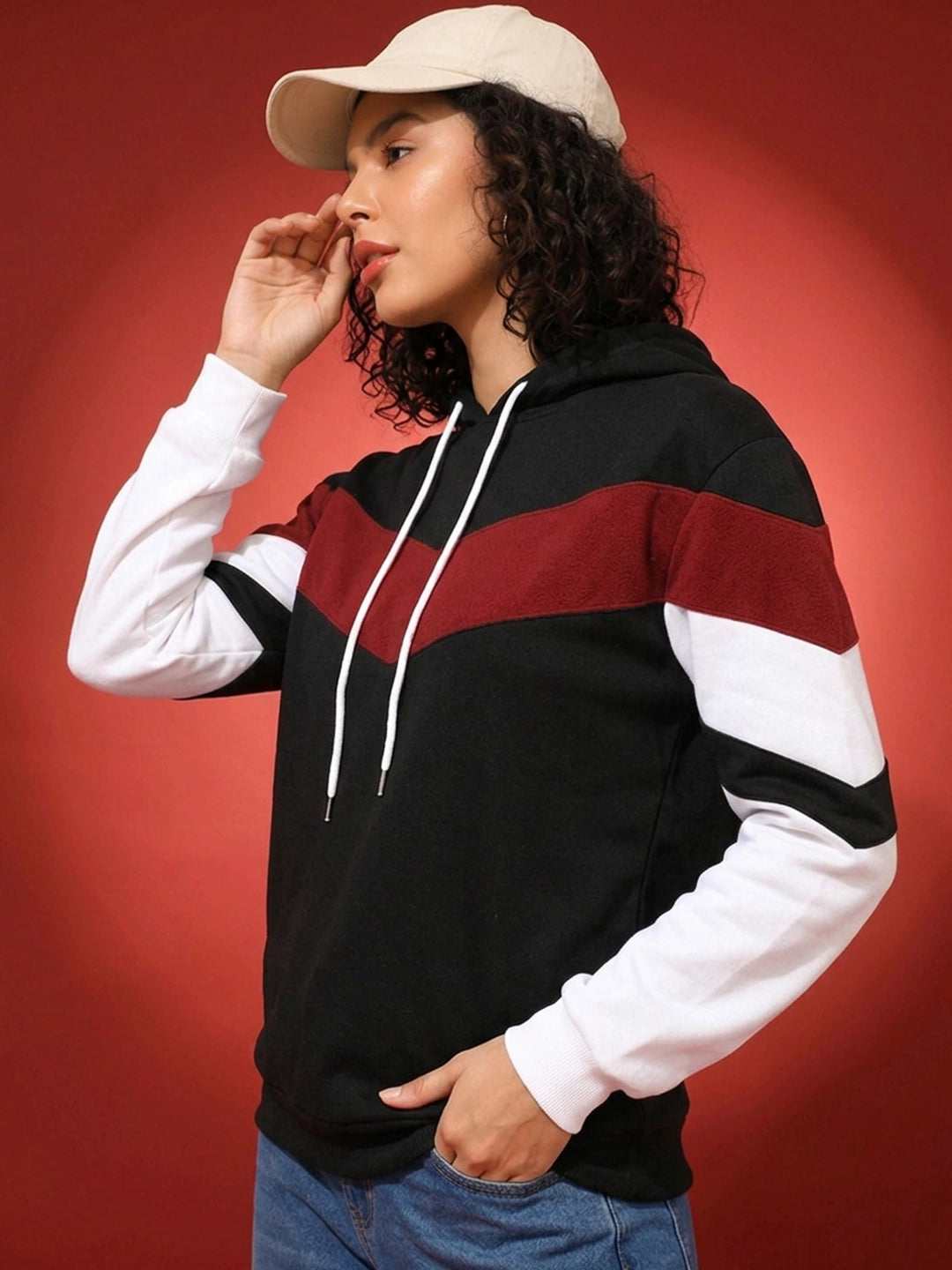 Leotude Women's Black, Maroon & White Colourblocked Hooded Sweatshirt