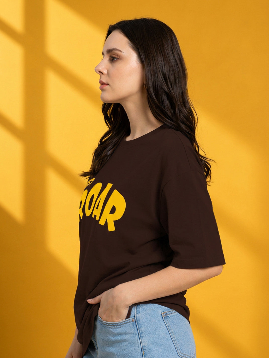 Leotude Brown Just Roar Printed Oversized Tshirt for Women