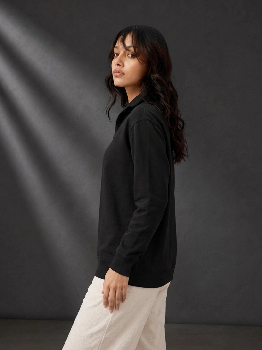 Leotude Women's Solid Black Half-Zip High Neck Sweatshirt