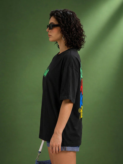 Leotude Black Kind Printed Oversized Tshirt for Women