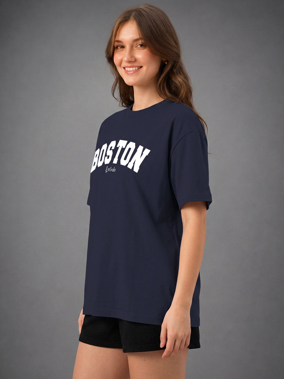 Leotude Navy Boston Printed Oversized Tshirt for Women