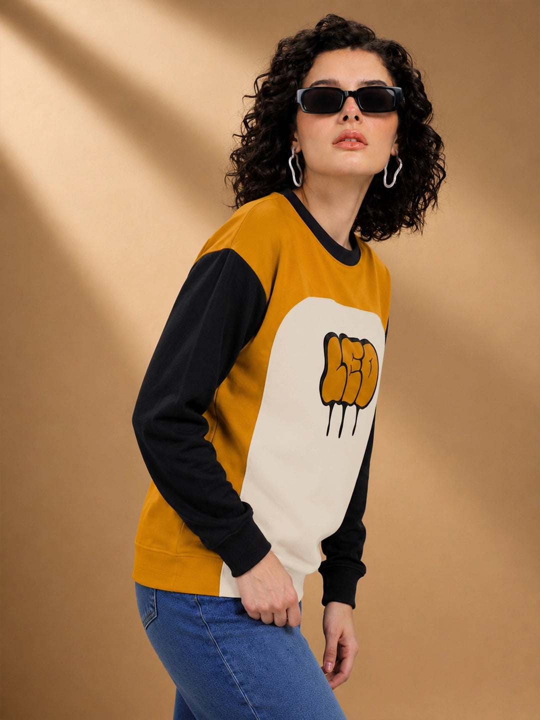 Leotude Women's Mustard Leo Colour Block Full Sleeve T-Shirt