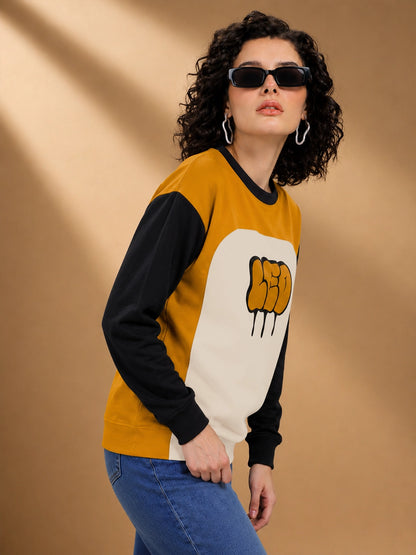Leotude Women's Mustard Leo Colour Block Full Sleeve T-Shirt