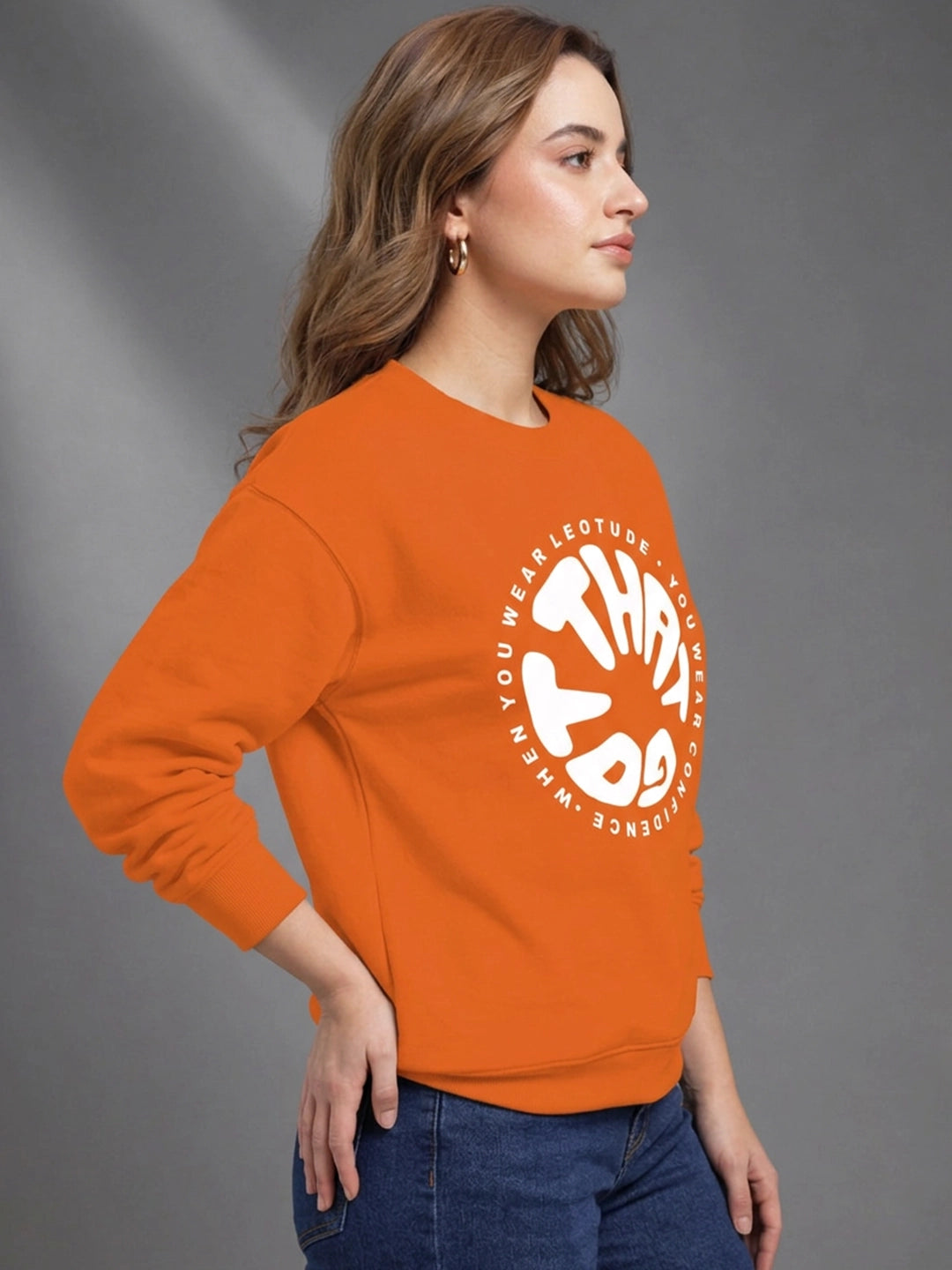 Leotude Women's Orange Graphic Printed Sweatshirt