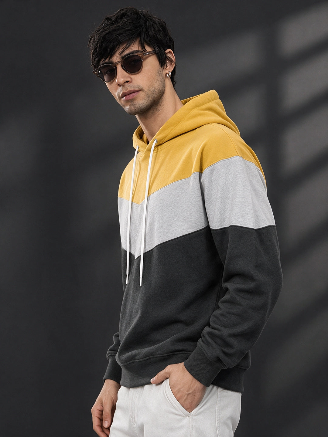Leotude Yellow Grey and Anthracite Colorblock Hooded Sweatshirt for Men