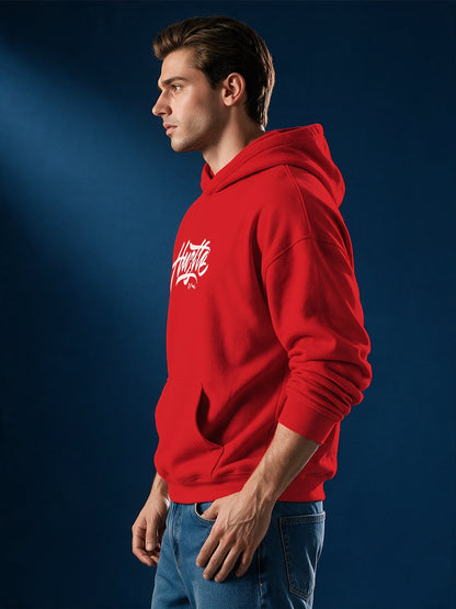 Leotude Red Hustle Typography Printed Hooded Sweatshirt for Men