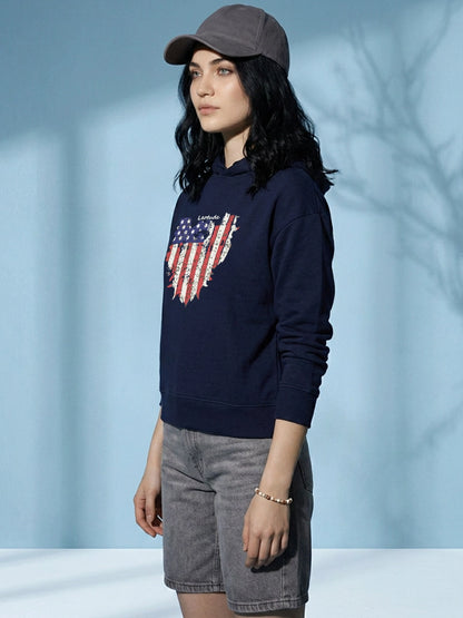 Leotude Women's Navy Blue American Flag Printed Hooded Sweatshirt