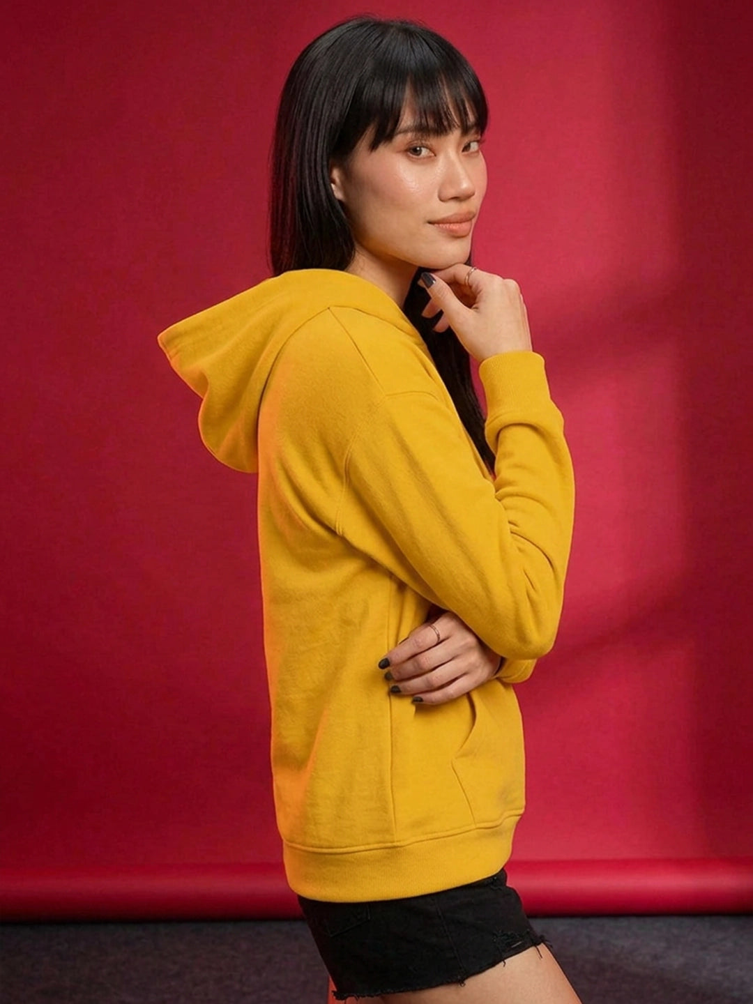 Leotude Women's Mustard Yellow Solid Hooded Sweatshirt