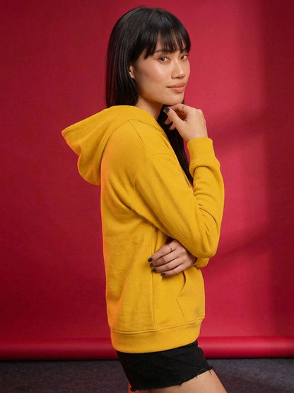 Leotude Women's Mustard Yellow Solid Hooded Sweatshirt