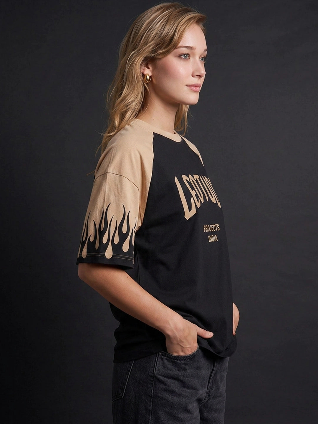 Leotude Women's Black Flame Raglan Oversized T-Shirt
