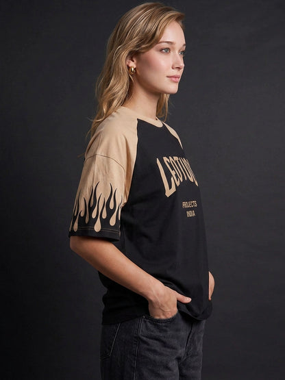 Leotude Women's Black Flame Raglan Oversized T-Shirt