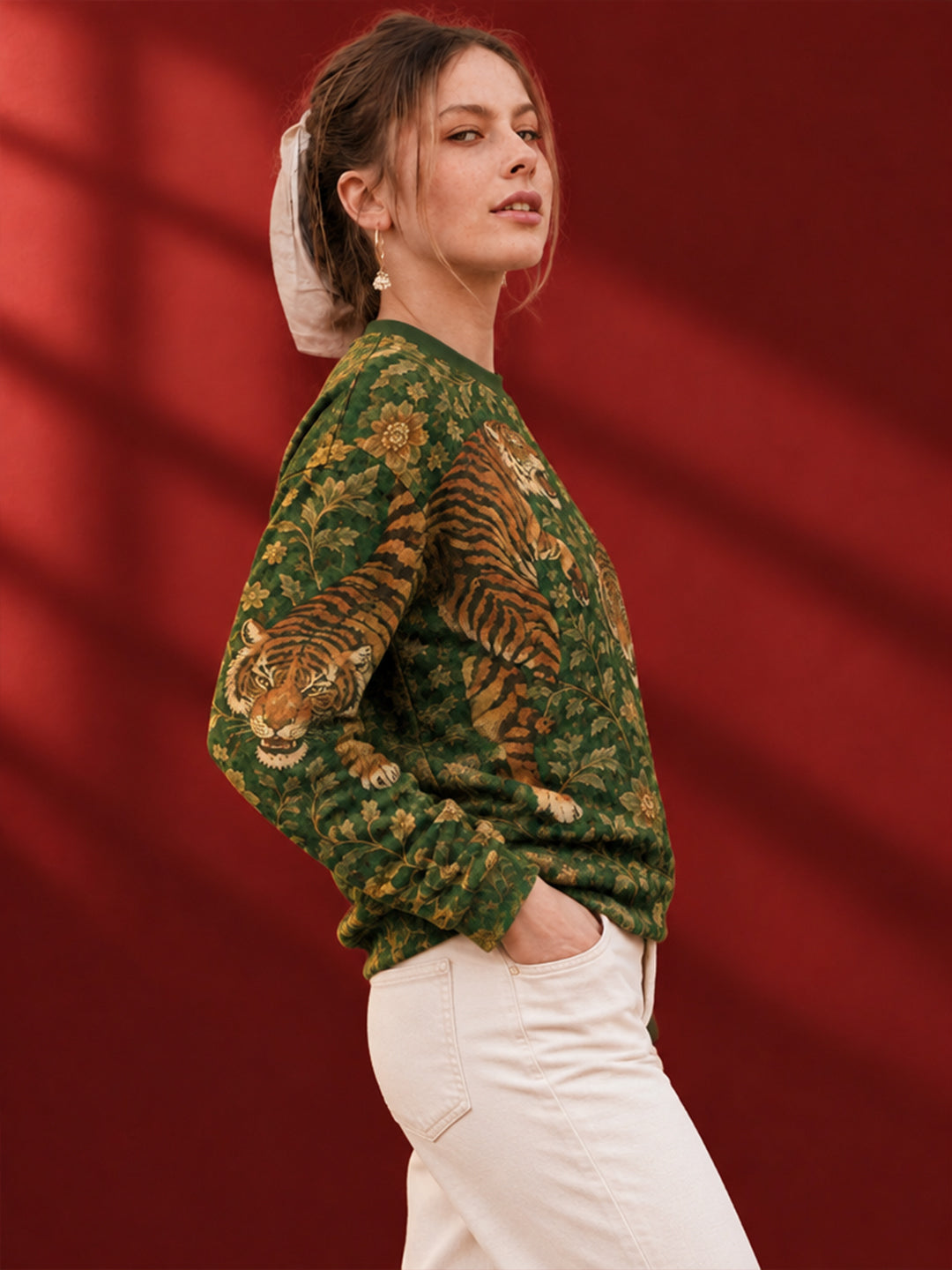 Leotude Women's Green Royal Tiger Print Oversized Full Sleeve T-Shirt