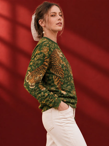 Leotude Women's Green Royal Tiger Print Oversized Full Sleeve T-Shirt