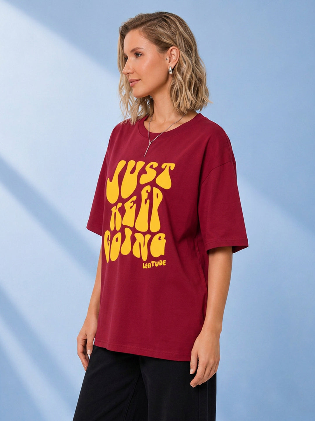 Leotude Maroon Going Printed Oversized Tshirt for Women