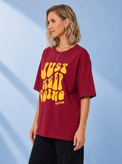 Leotude Maroon Going Printed Oversized Tshirt for Women