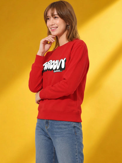 Leotude Women's Red Groovy Printed Round Neck Sweatshirt