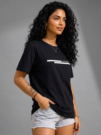 Leotude Women's Black Line Printed T-Shirt