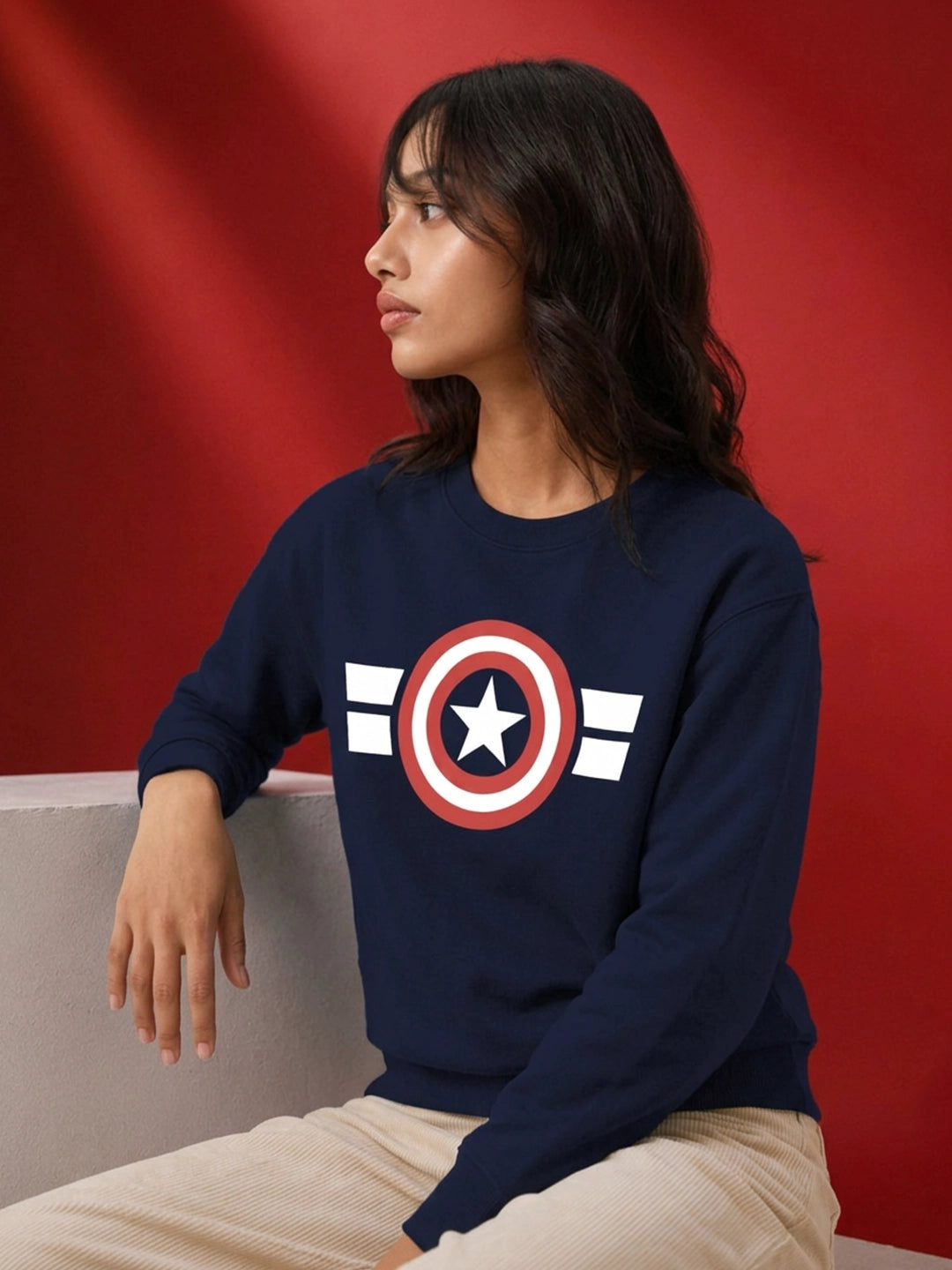 Leotude Women's Navy Blue Star Shield Graphic Printed Sweatshirt