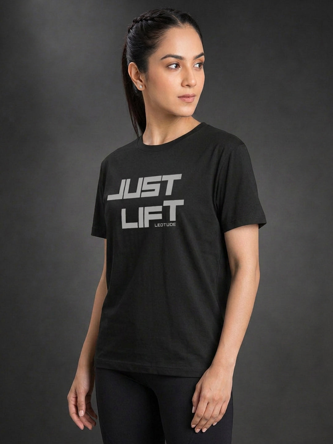 Leotude Women's Black Just Lift Printed T-Shirt