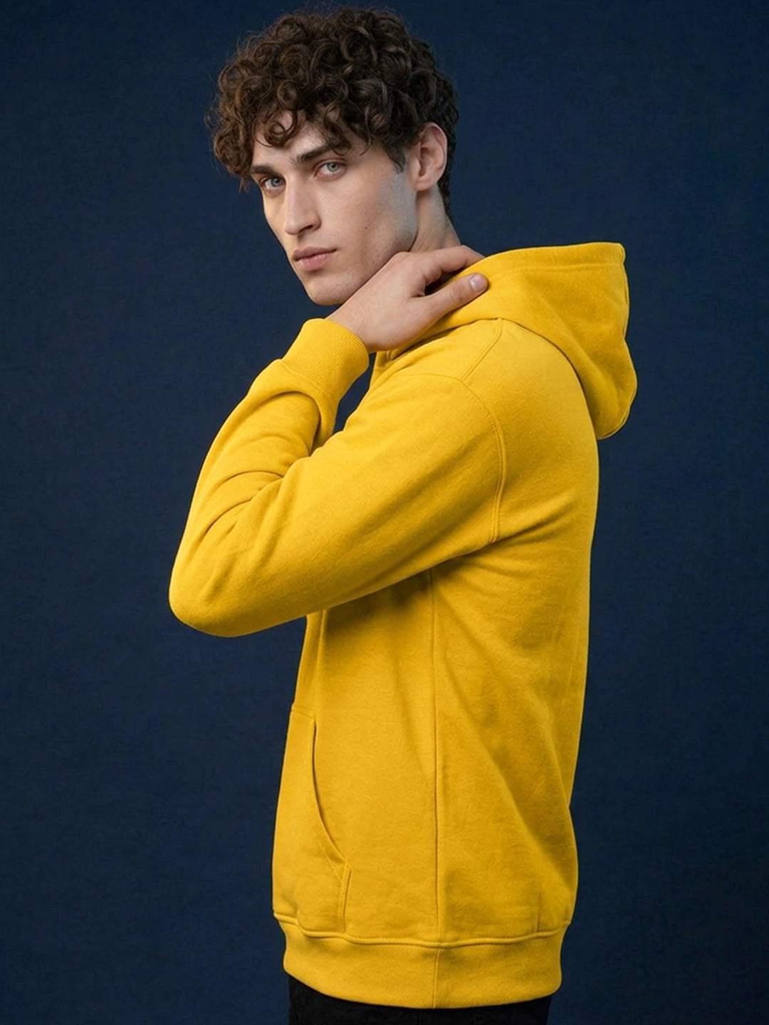 Leotude Mustard Yellow Solid Hooded Sweatshirt for Men