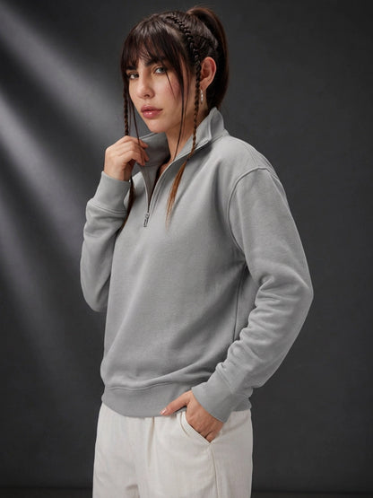 Leotude Women's Solid Grey Half-Zip High Neck Sweatshirt