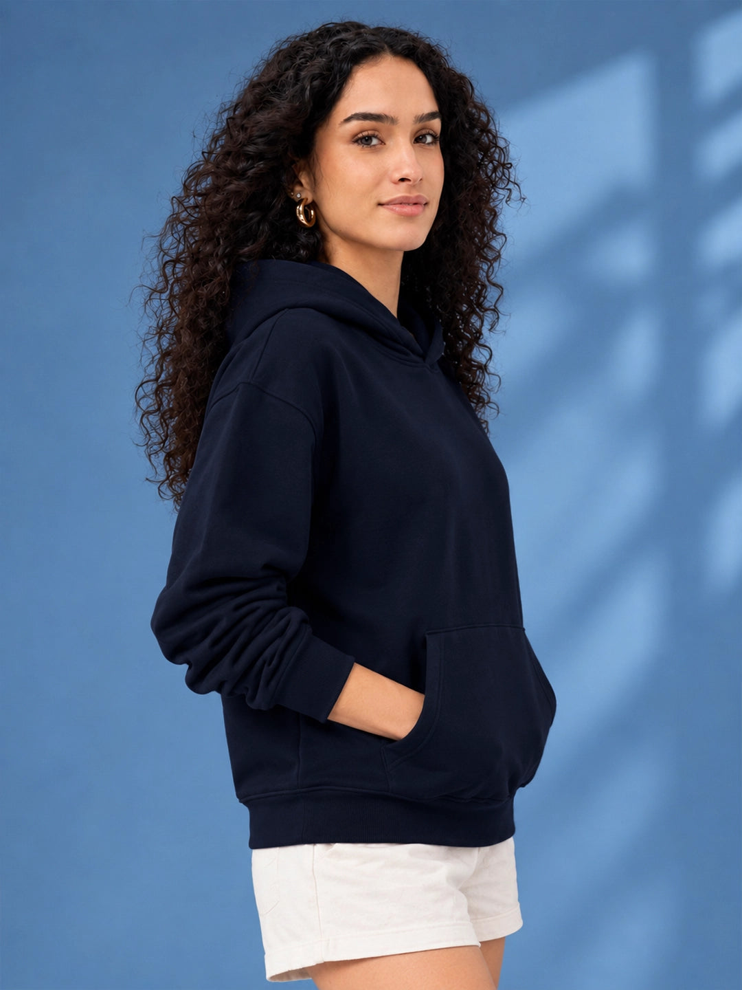 Leotude Women's Navy Blue Solid Hooded Sweatshirt