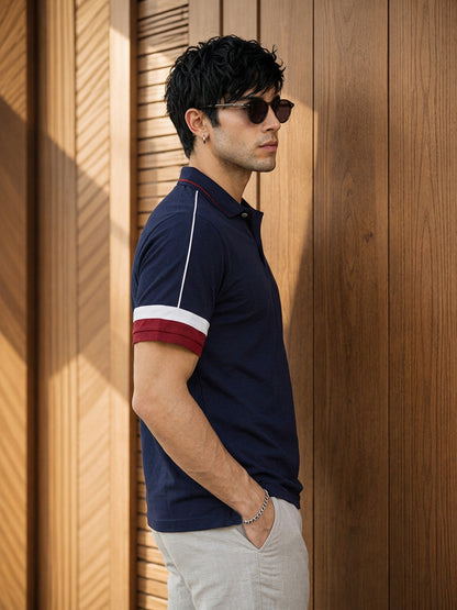 Leotude Men's Navy Blue Contrast Piping Polo T-Shirt