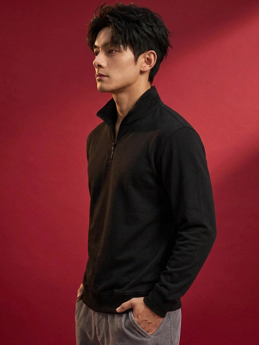 Leotude Black High Neck Half Zipper Sweatshirt for Men