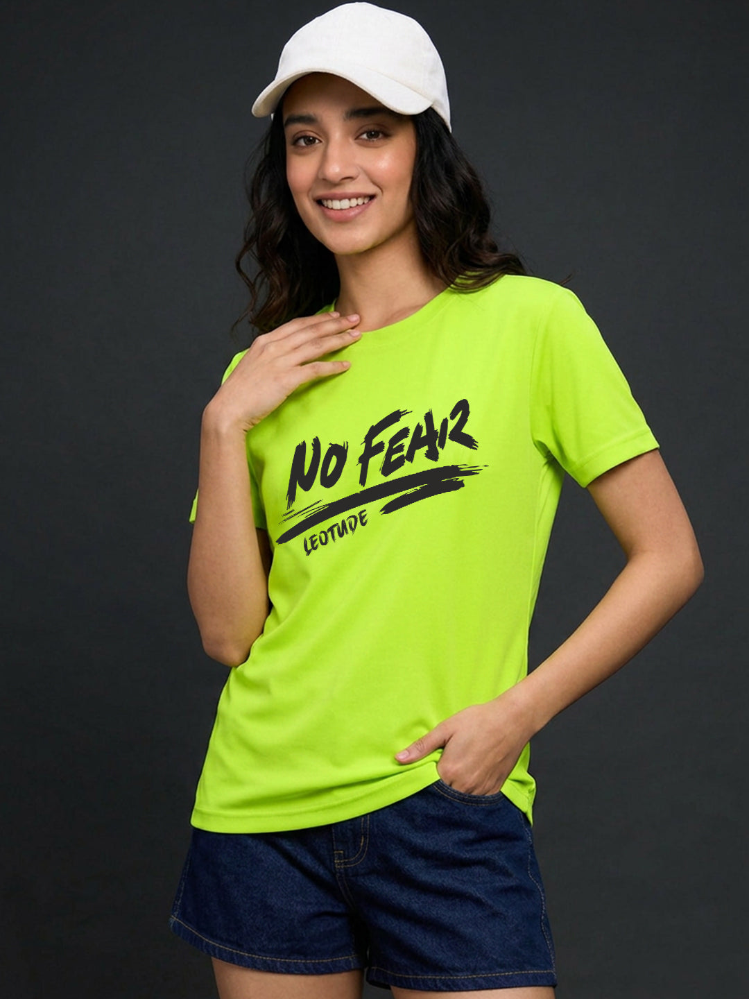 Leotude Women's Neon Green No Fear Printed T-Shirt