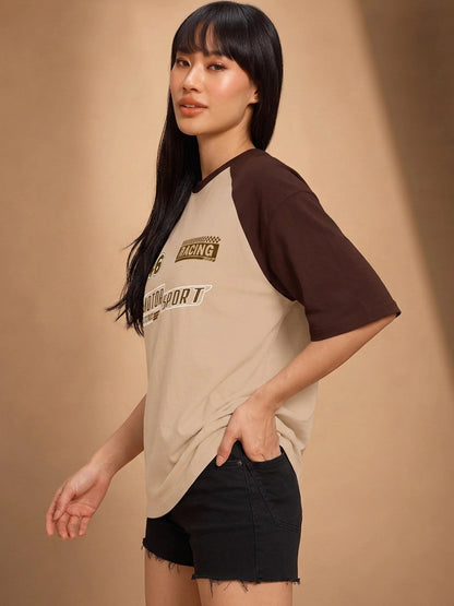 Leotude Women's Beige Motorsport Raglan Oversized T-Shirt