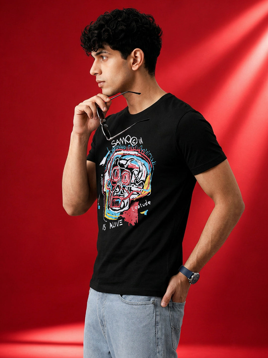 Leotude Men's Black Skull Art Printed T-Shirt