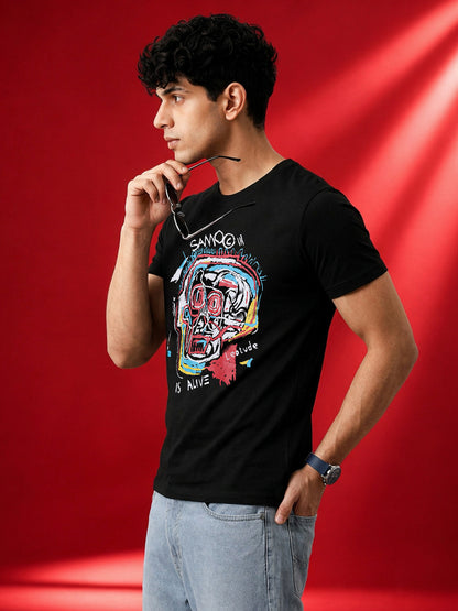 Leotude Men's Black Skull Art Printed T-Shirt