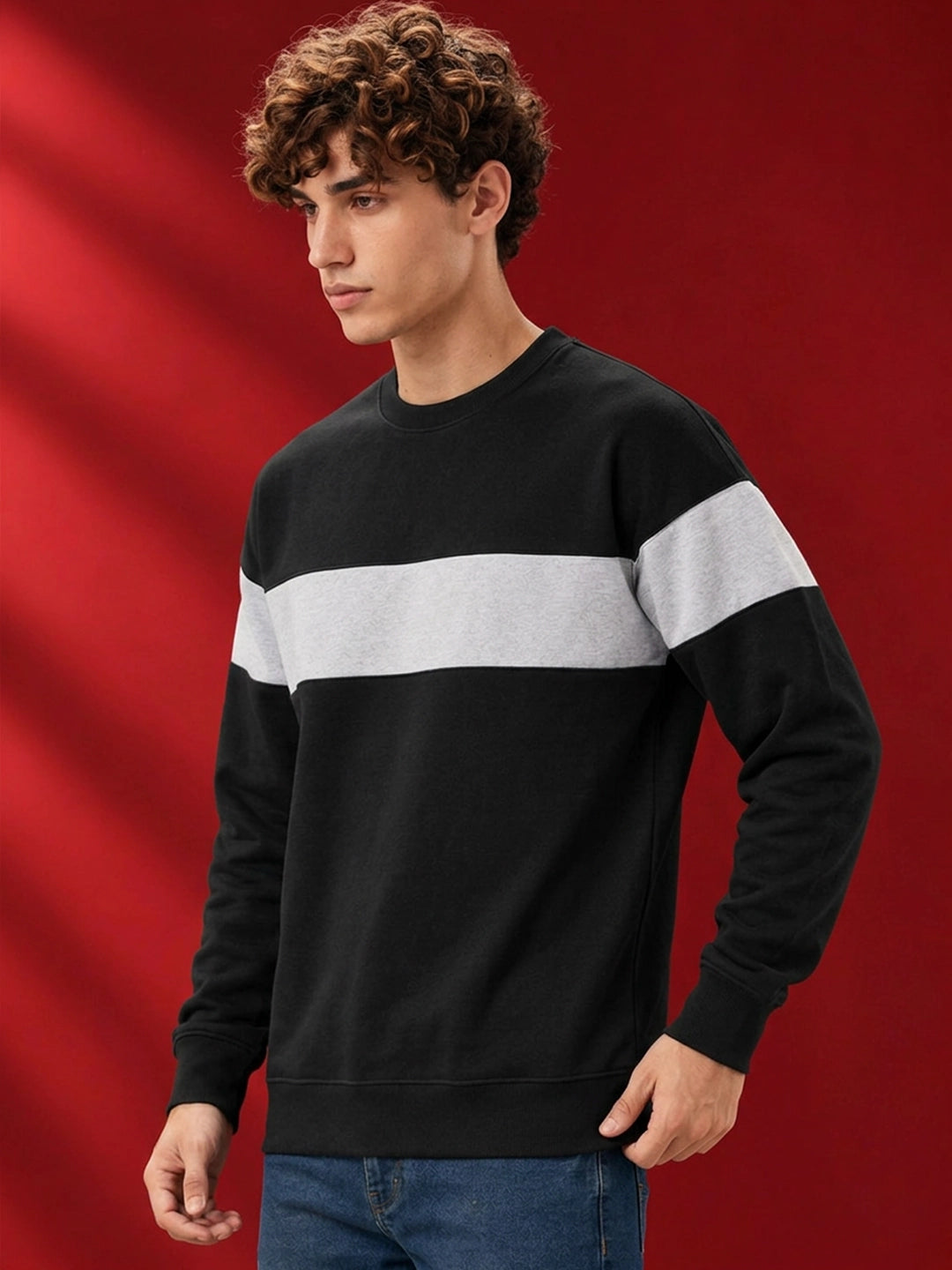 Leotude Men's Black & Grey Melange Colourblocked Sweatshirt
